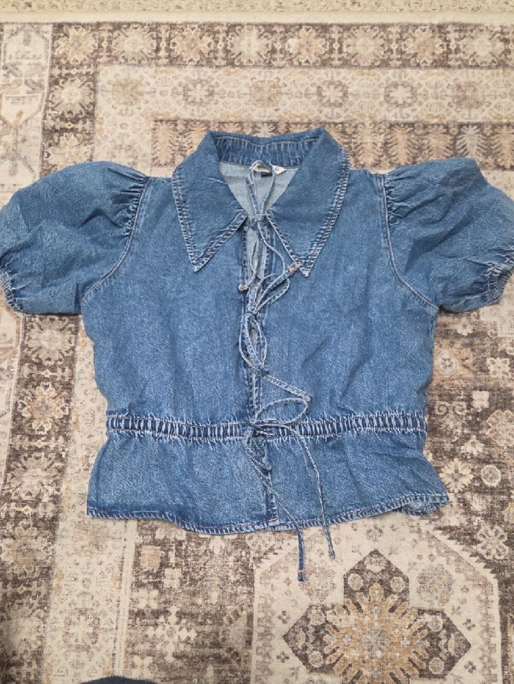American Eagle Outfitters Blue Denim Lace-Up Peplum Top